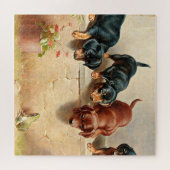 Puzzle Curious Dachshund Puppies and a Frog, painting (Horizontal)