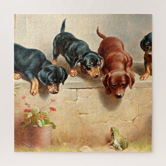 Puzzle Curious Dachshund Puppies and a Frog, painting (Vertical)