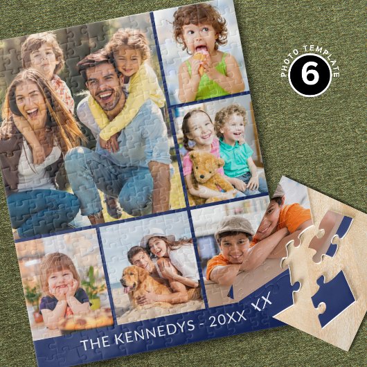 Puzzle Custom 6 Photo Collage Family Name Minimalist Blue