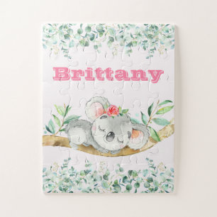 Puzzle Custom Name Girls Koala Bear Pink & Greenery