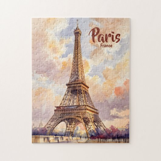 Puzzle Custom Text Watercolor Eiffel Tower Sunset Travel (Vertical)