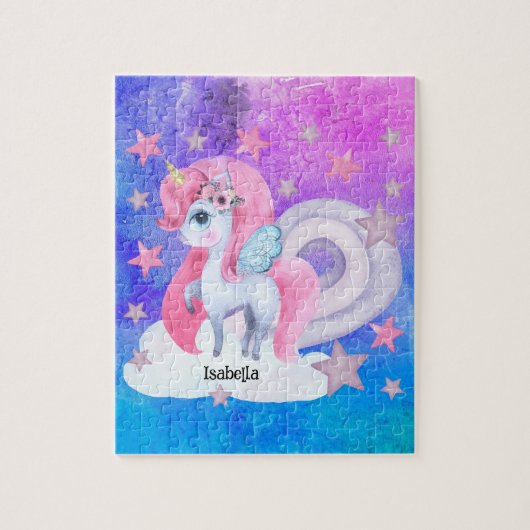 Puzzle Cute aquarelle Rainbow Unicorn Personnalisé (Vertical)