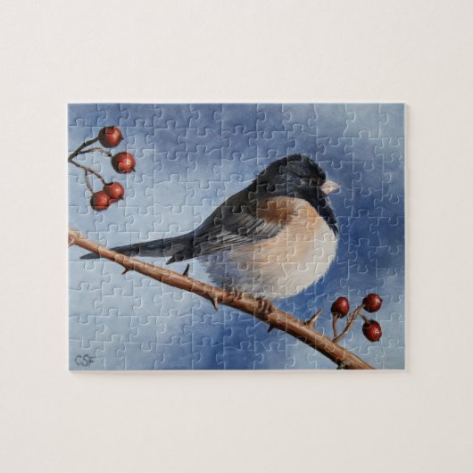 Puzzle Cute Bird Oregon Junco et les baies d'hiver (Horizontal)