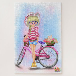Puzzle Cute Blonde Girl and Pink Bike Fun Chat en Fleurs