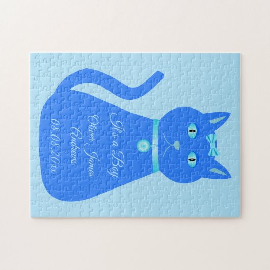 Puzzle Cute Blue Baby Boy Chat Faire-part de naissance pe (Horizontal)