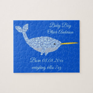 Puzzle Cute Blue Baby Boy Narwhal Custom New Baby