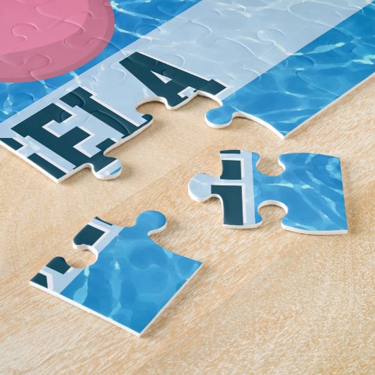 Puzzle Cute Chat sur Flamant rose rose Floatie Blue Nom F (Côté)