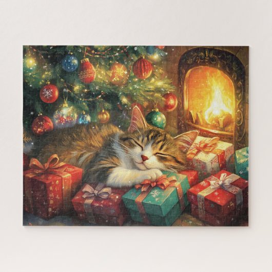 Puzzle Cute chaton dormant sous un sapin de Noël (Horizontal)