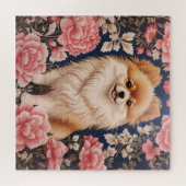 Puzzle Cute Chien Poméranien Rose Floral (Horizontal)