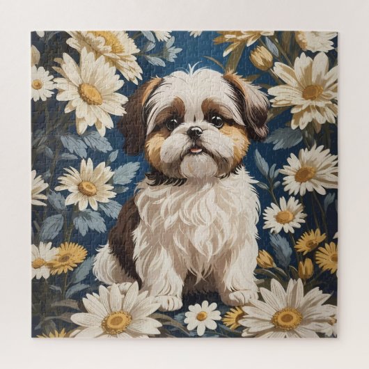 Puzzle Cute Chih Tzu Chien Blanc Fleurs De Faisée (Vertical)