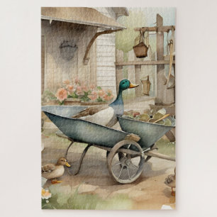 Puzzle Cute Country Water-Color Duck In A Wheelbarrow