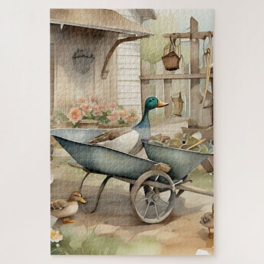 Puzzle Cute Country Water-Color Duck In A Wheelbarrow (Vertical)