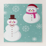 Puzzle Cute Festif Hiver Rose Frosty Snowman<br><div class="desc">Célébrez la saison de Noël avec les mignons bonneiges vêtus d'un chapeau,  d'un gilet et d'un foulard rouge vif.</div>
