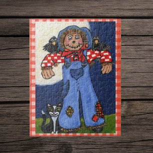 Puzzle Cute Folk Art Scarerow Chat Crows sur Plaid