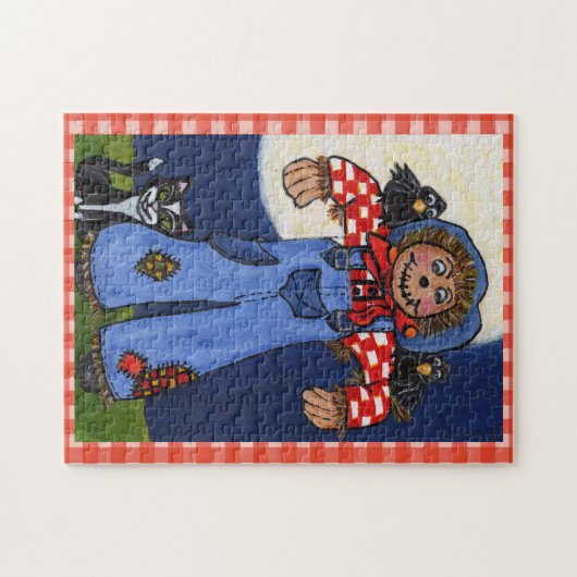 Puzzle Cute Folk Art Scarerow Chat Crows sur Plaid (Horizontal)