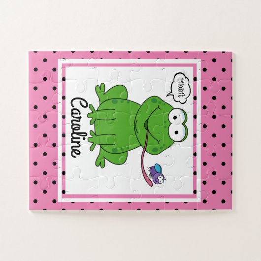 Puzzle Cute Frog on Polka Dots, Personalized Kids (Horizontal)