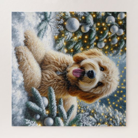 Puzzle Cute Goldendoodle Chien Winter Wonderland (Horizontal)