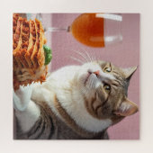 Puzzle Cute Gray Chat avec Lasagne et Verre à Vin (Horizontal)