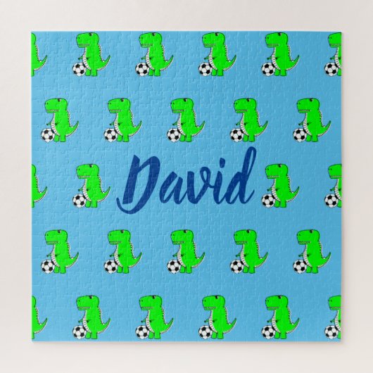 Puzzle Cute Green Soccer Dino T-Rex On Blue (Vertical)