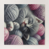 Puzzle Cute Grey et blanc Kitten Napping en Fil (Horizontal)