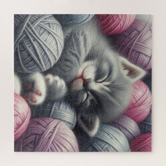 Puzzle Cute Grey et blanc Kitten Napping en Fil (Horizontal)
