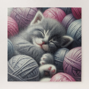 Puzzle Cute Grey et blanc Kitten Napping en Fil