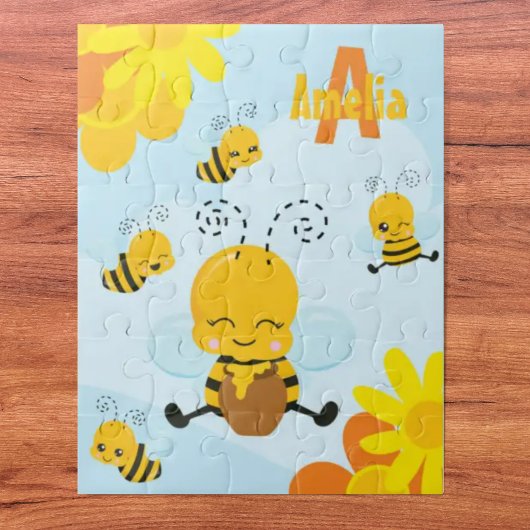 Puzzle Cute Happy Bumble Bee with Flowers