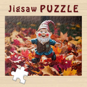 Puzzle Cute Happy Gnome dans les feuilles d'automne tombé