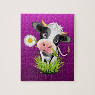 Puzzle Cute Holstein cow in grass over purple