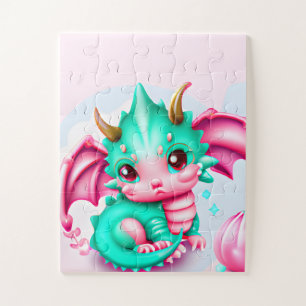 Puzzle Cute Kawaii Dragon de bébé Turquoise et rose