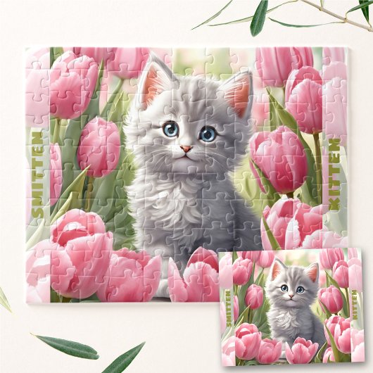 Puzzle Cute Kitten Cat Spring Tulip Floral Nom personnali