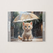 Puzzle Cute Kitten Chat Parapluie Automne Pluie Nom perso (Horizontal)