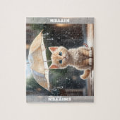 Puzzle Cute Kitten Chat Parapluie Automne Pluie Nom perso (Vertical)