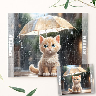 Puzzle Cute Kitten Chat Parapluie Automne Pluie Nom perso