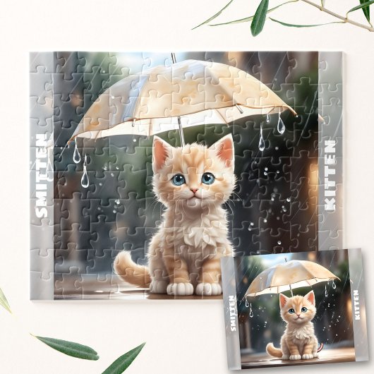 Puzzle Cute Kitten Chat Parapluie Automne Pluie Nom perso