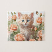 Puzzle Cute Kitten Chat Rose Floral été Nom personnalisé (Horizontal)