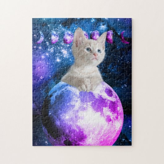 Puzzle Cute Kitten Sur La Lune Étoiles Lumineuses Univers (Vertical)