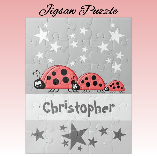 Puzzle Cute ladybugs stars name grey kids