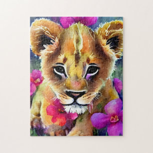 Puzzle Cute Lion Cub Entouré de Fleurs