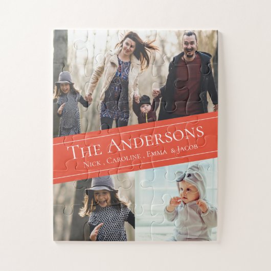 Puzzle Cute Orange Multi Photo Collage Nom de famille (Vertical)