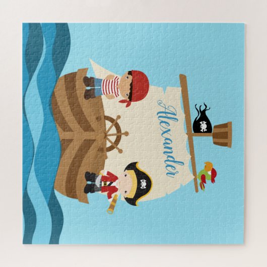 Puzzle Cute Pirate Boys & A Big Ship Nom personnalisé (Horizontal)