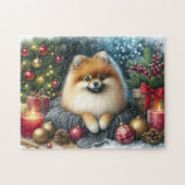 Puzzle Cute Pomeranian Cosy Aquarelle Art hiver (Horizontal)