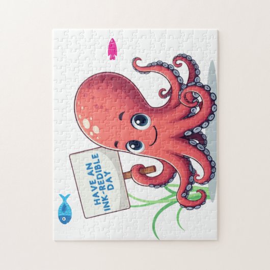 Puzzle Cute, poulpe caricaturale avec poisson (Vertical)