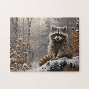 Puzzle Cute Raccoon pendant la peinture à l'huile d'hiver