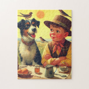 Puzzle Cute Retro Chien et Enfants Peinture