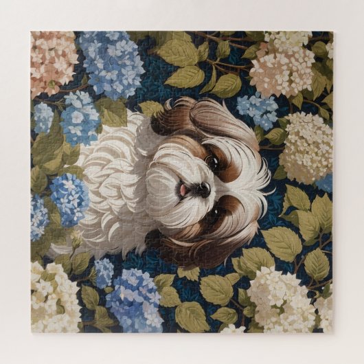 Puzzle Cute Shih Tzu Chiot Blue hydrangea fleurs (Horizontal)