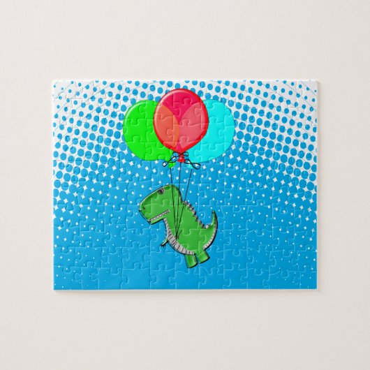 Puzzle Cute T-Rex Flying With Balloons In Blue Sky (Horizontal)