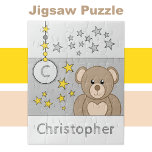Puzzle Cute teddy bear stars name grey<br><div class="desc">Jigsaw puzzle for kids. Featuring a cute brown teddy bear,  stars and name. Grey and yellow. C'est un poison.</div>