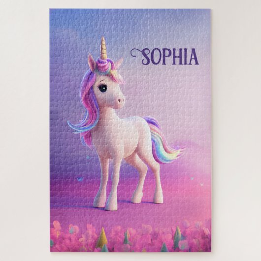 Puzzle Cute Unicorne Blanche Avec Rose & Bleu Mane (Vertical)