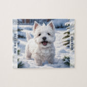 Puzzle Cute White Dog Westie Winter Snow Nom personnalisé (Horizontal)